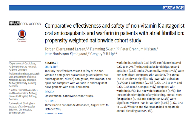 RWE comparison on safety & effectiveness of Pradaxa VS warfarin (Larsen 2016 )