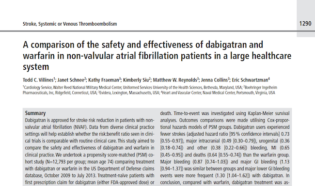 RWE comparison on safety & effectiveness of Pradaxa VS warfarin (Villines 2015)