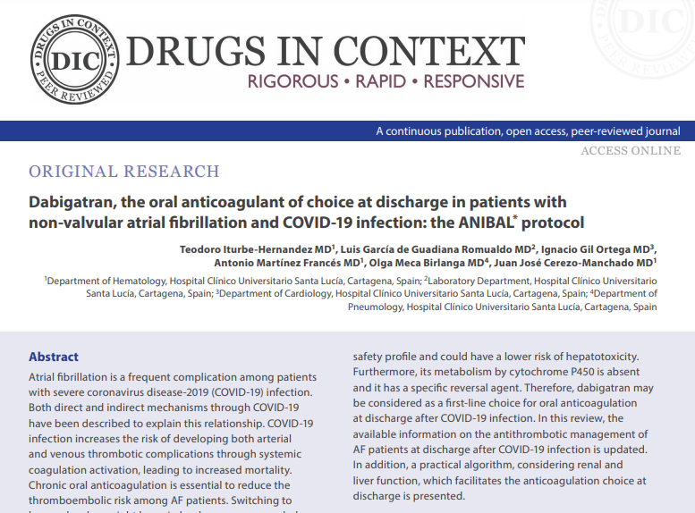 Dabigatran, the oral anticoagulant of choice at discharge in patients with non-valvular atrial fibrillation and COVID-19 infection: the ANIBAL* protocol