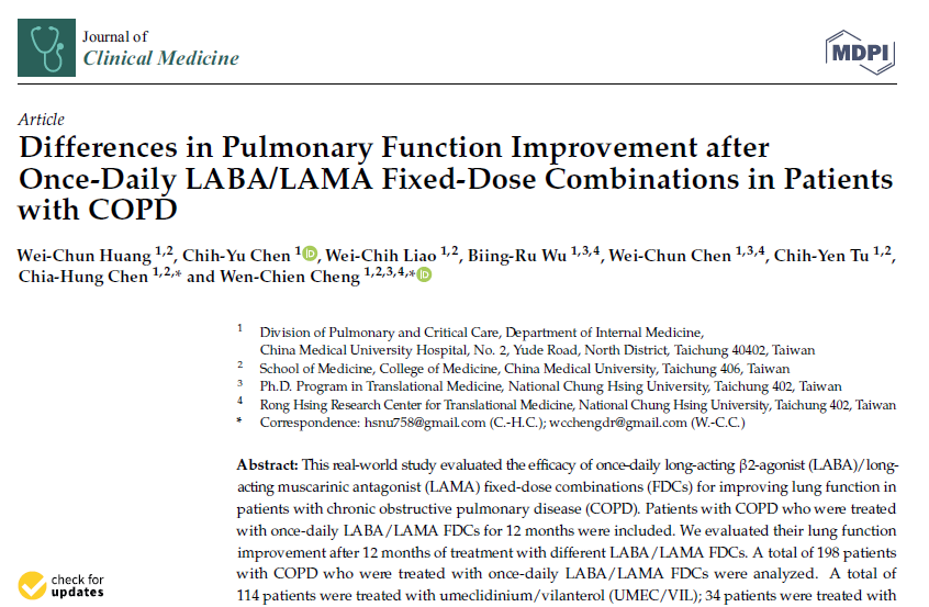 Differences in Pulmonary Function Improvement after Once-Daily LABA/LAMA Fixed-Dose Combinations in Patients with COPD