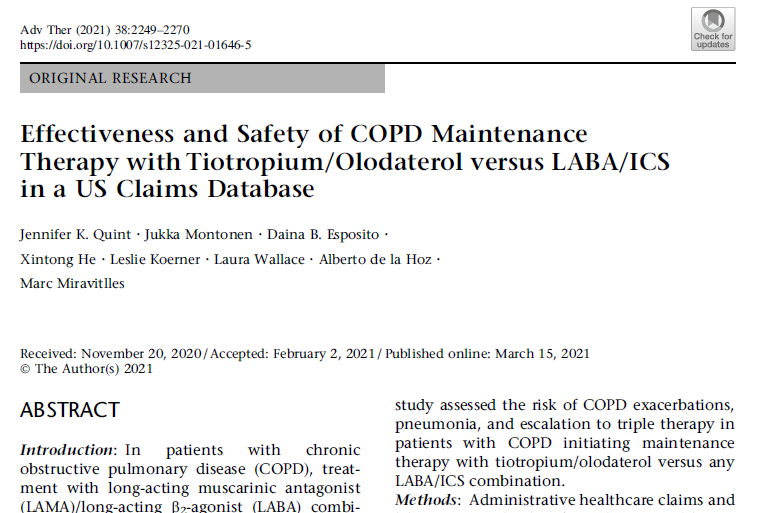 Effectiveness and Safety of COPD Maintenance Therapy with Tiotropium/Olodaterol versus LABA/ICS in a US Claims Database