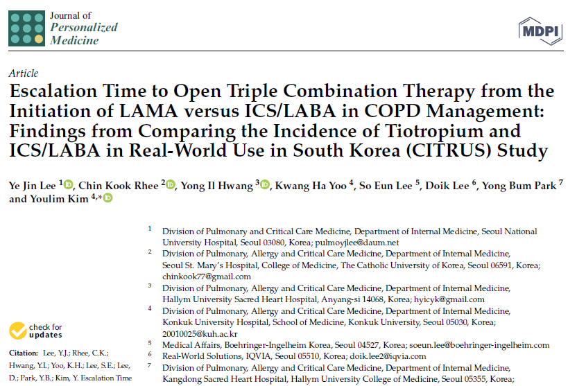 Escalation Time to Open Triple Combination Therapy from the Initiation of LAMA versus ICS/LABA in COPD Management: Findings from Comparing the Incidence of Tiotropium and ICS/LABA in Real-World Use in South Korea (CITRUS) Study