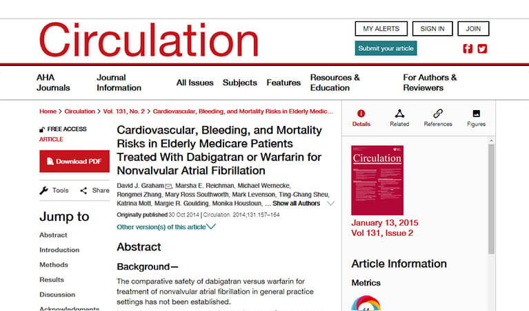 Cardiovascular, Bleeding, and Mortality Risks in Elderly Medicare Patients Treated With Dabigatran or Warfarin for Nonvalvular Atrial Fibrillation