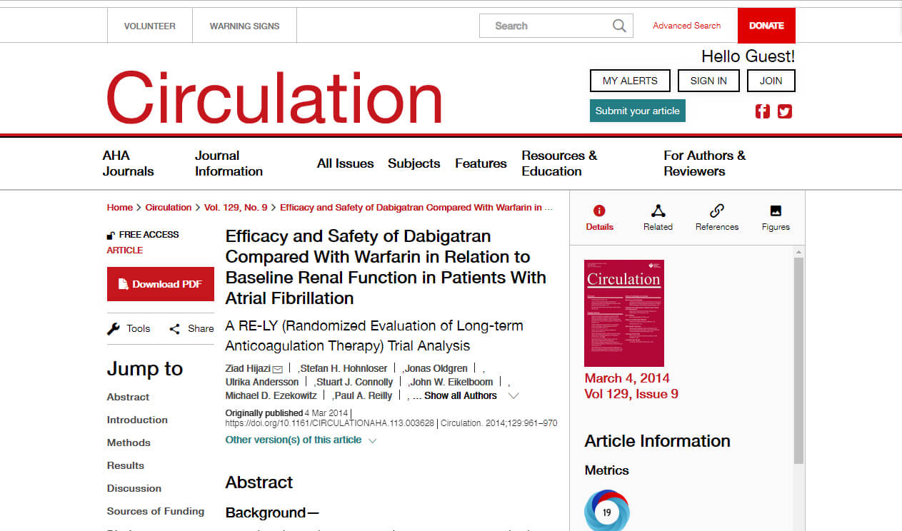 Efficacy and Safety of Dabigatran Compared With Warfarin in Relation to Baseline Renal Function in Patients With Atrial Fibrillation (A Randomized Evaluation of Long-term Anticoagulation Therapy Trial Analysis)