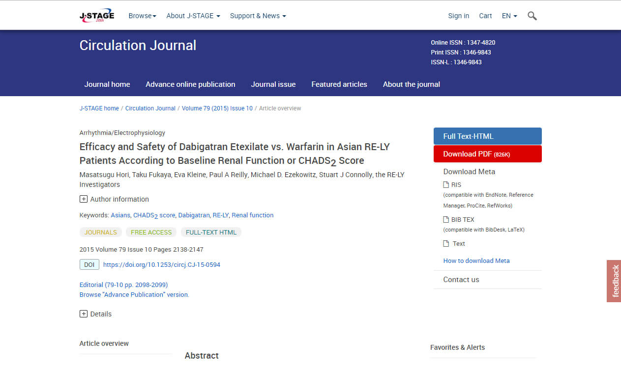 Efficacy and Safety of Dabigatran Etexilate vs. Warfarin in Asian RE-LY Patients According to Baseline Renal Function or CHADS2 Score