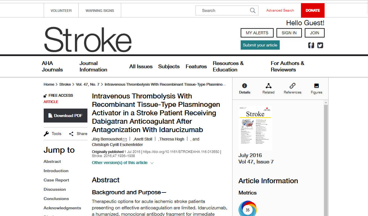 Intravenous Thrombolysis With Recombinant Tissue-Type Plasminogen Activator in a Stroke Patient Receiving Dabigatran Anticoagulant After Antagonization With Idarucizumab