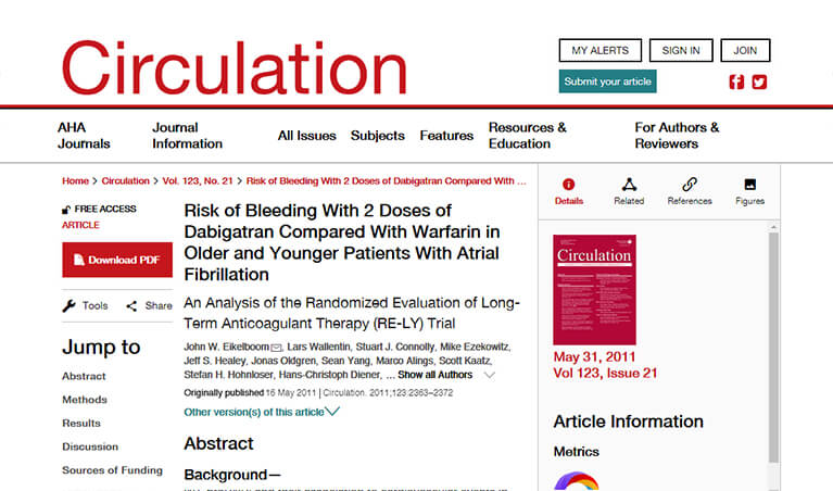 Risk of Bleeding With 2 Doses of Dabigatran Compared With Warfarin in Older and Younger Patients With Atrial Fibrillation