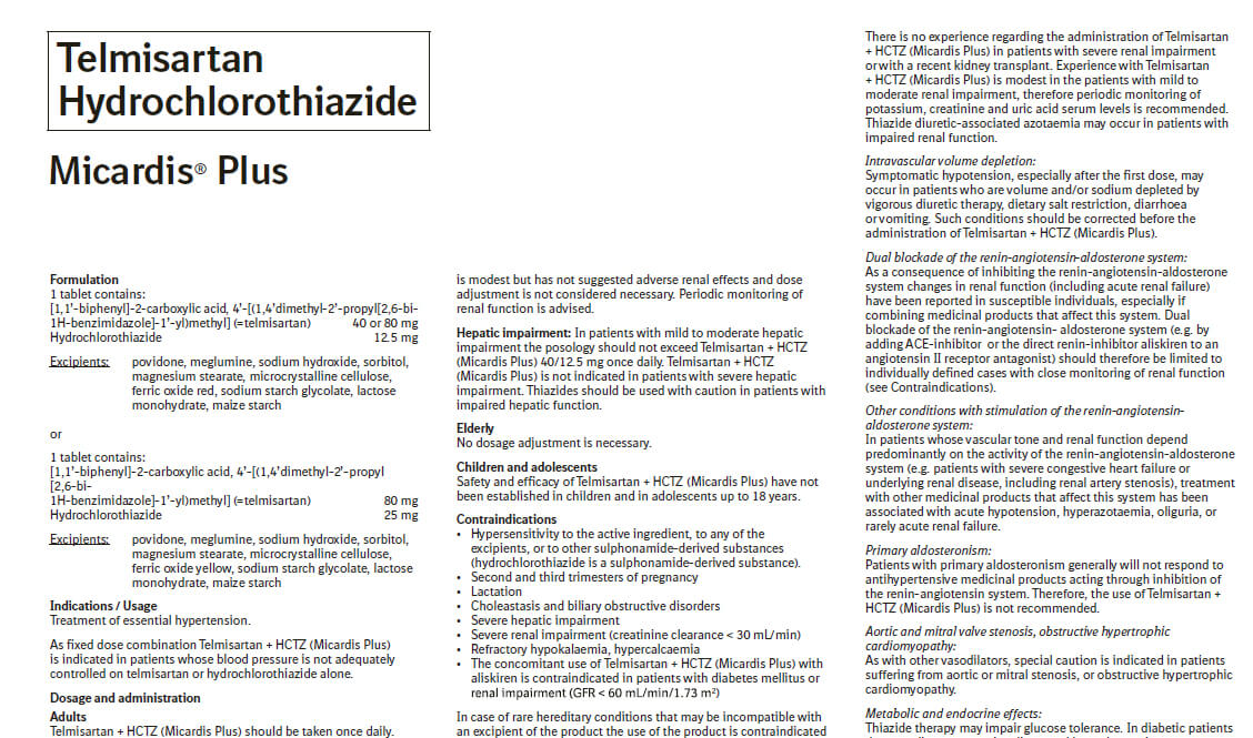 Telmisartan + HCTZ (Micardis Plus®) Prescribing Information