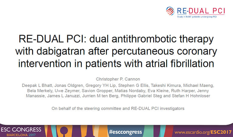 Presentation slide: RE-DUAL PCI –antithrombotic therapy in AF patients who have undergone stent PCI